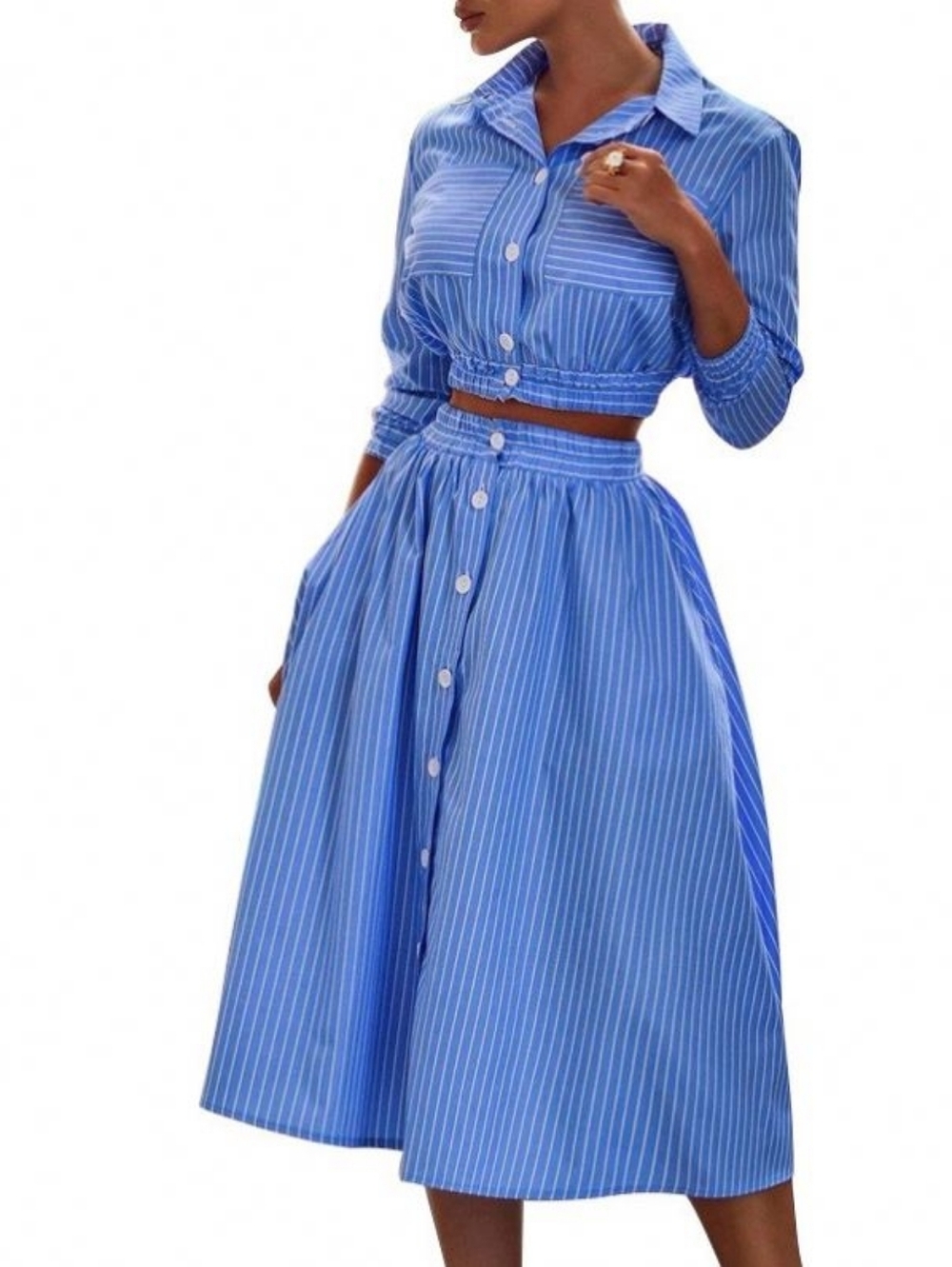 Striped Button-Front Shirt W/ Smocked Waist & Skirt NWOT